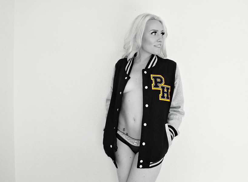 The Pornhub Varsity Jacket modeled by the lovely Haighlee Dallas. 